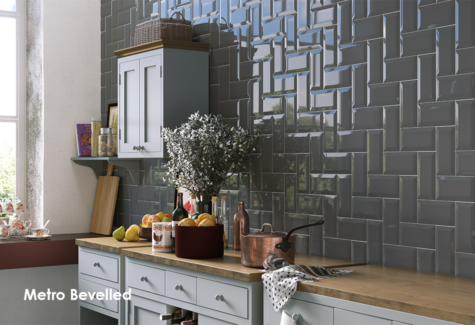 Picture of Metro Bevelled dark grey gloss wall tiles in a kitchen
