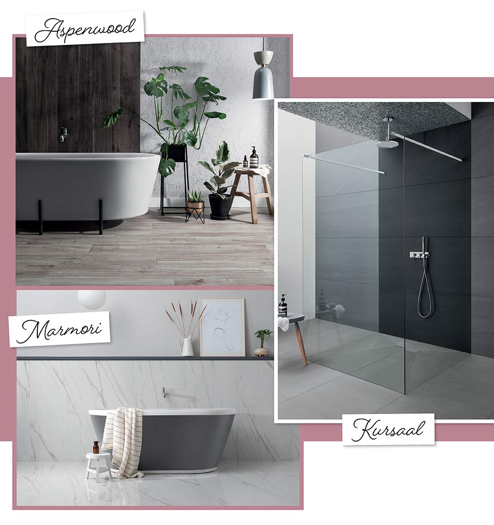 Aspenwood, Marmori and Kursaal bathroom tiles