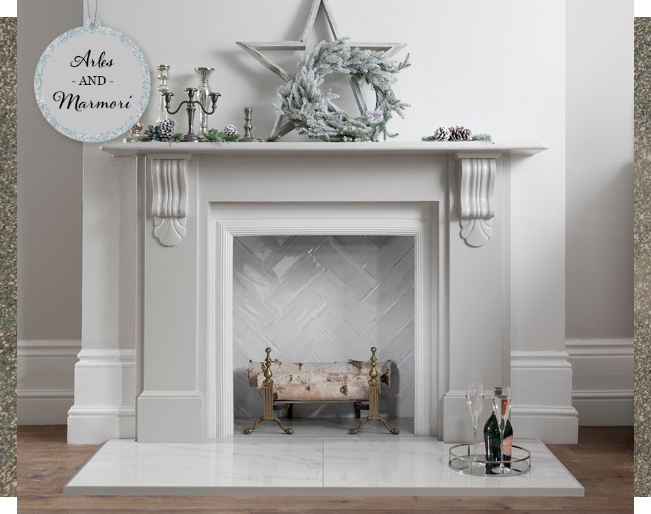 Picture of Arles and Marmori fireplace tiles with Christmas decorations