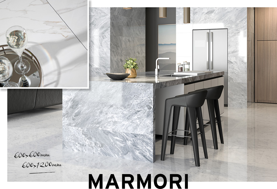 Collage picture of Marmori large format kitchen tiles