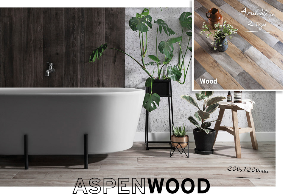Collage picture of Aspenwood and Marmori large format bathroom tiles