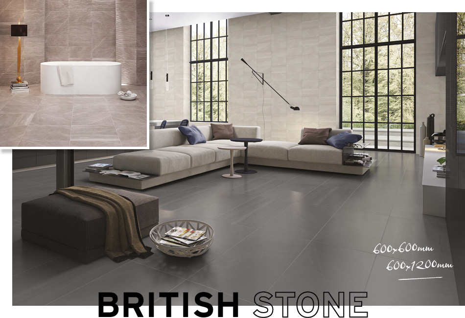 Collage picture of British Stone and Realstone Rain large format living area tiles