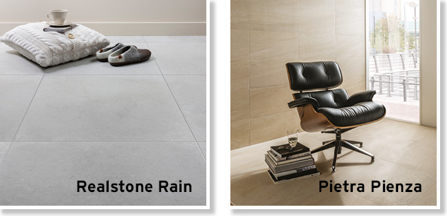 Collage picture of Realstone Rain and Pietra Pienza large format living area tiles