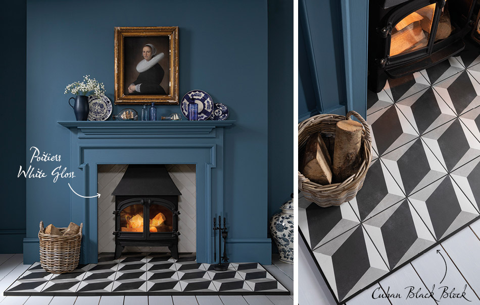 Collage of Gemini Cuban and Poitiers tiles on fireplace