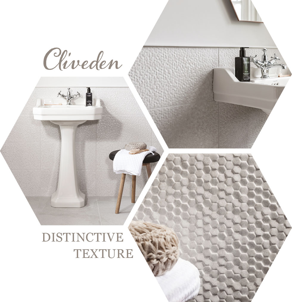 Collage of Cliveden Hexagon bathroom tiles from GEMINI