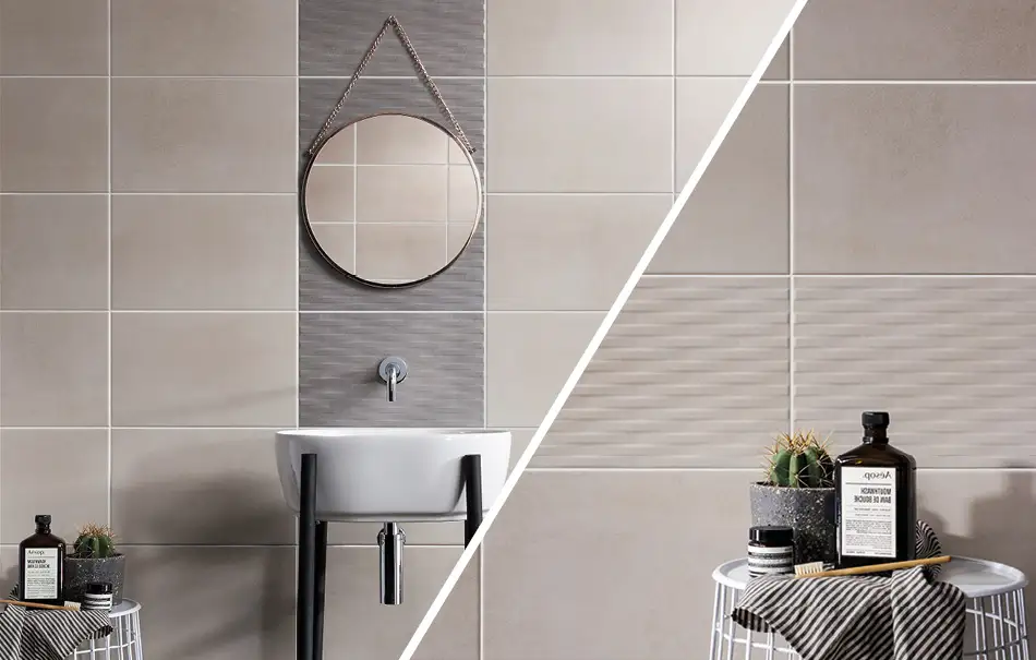 Grey textured Cement Tech Mini tiles feature wall in bathroom setting.