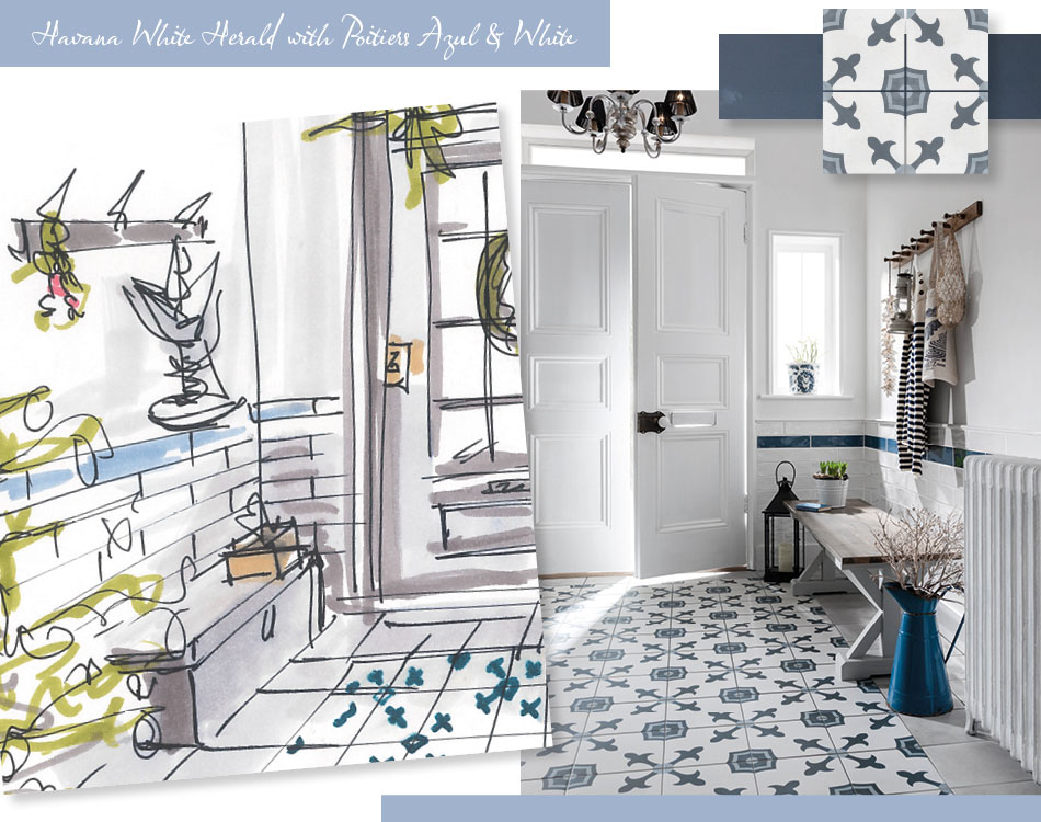 Collage image of Havana White Herald tile in traditional hallway