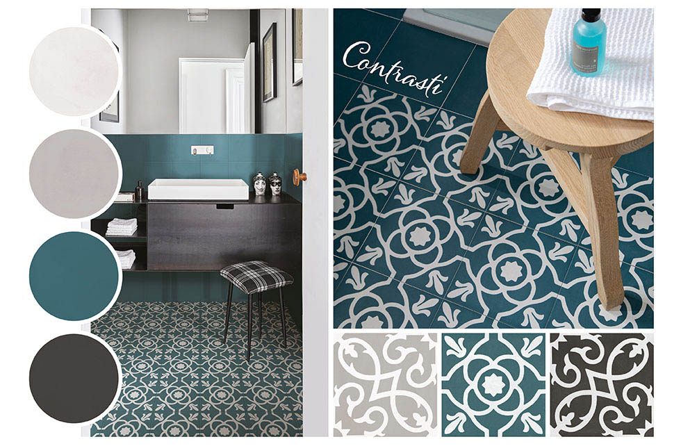 Bathroom settings with Contrasti patterned floor tiles