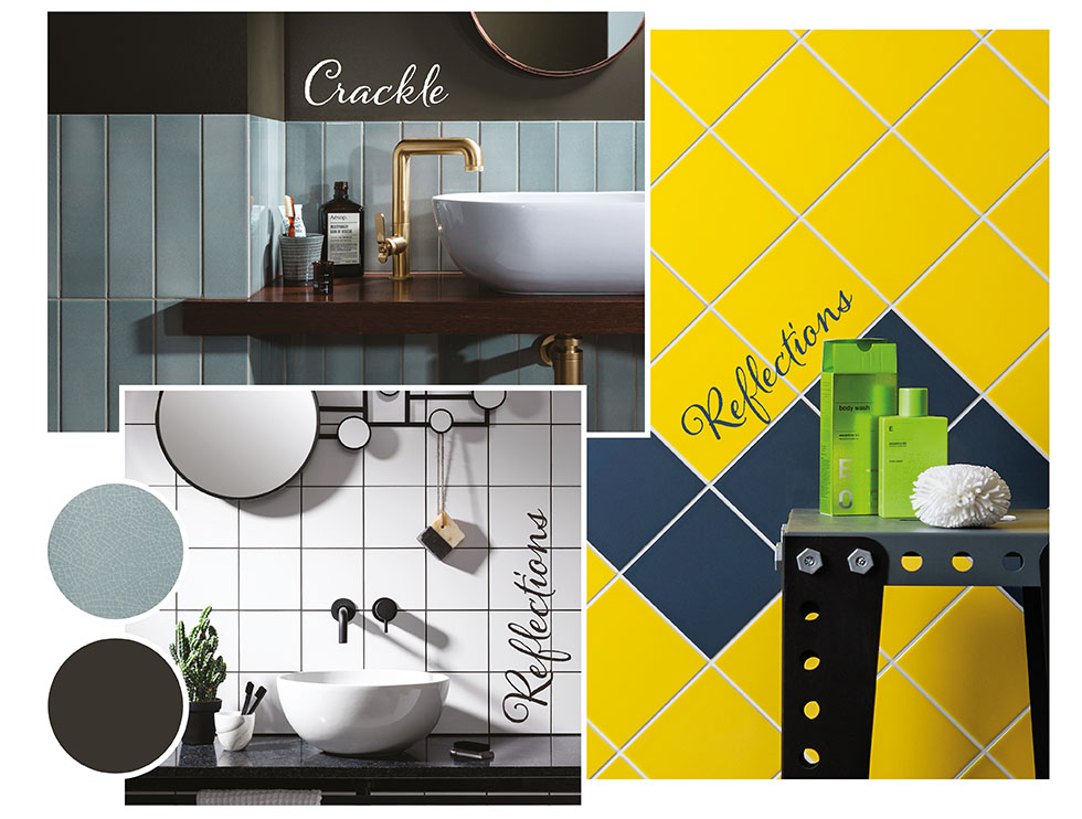 Collage of Crackle and Reflections coloured tiles in various layouts
