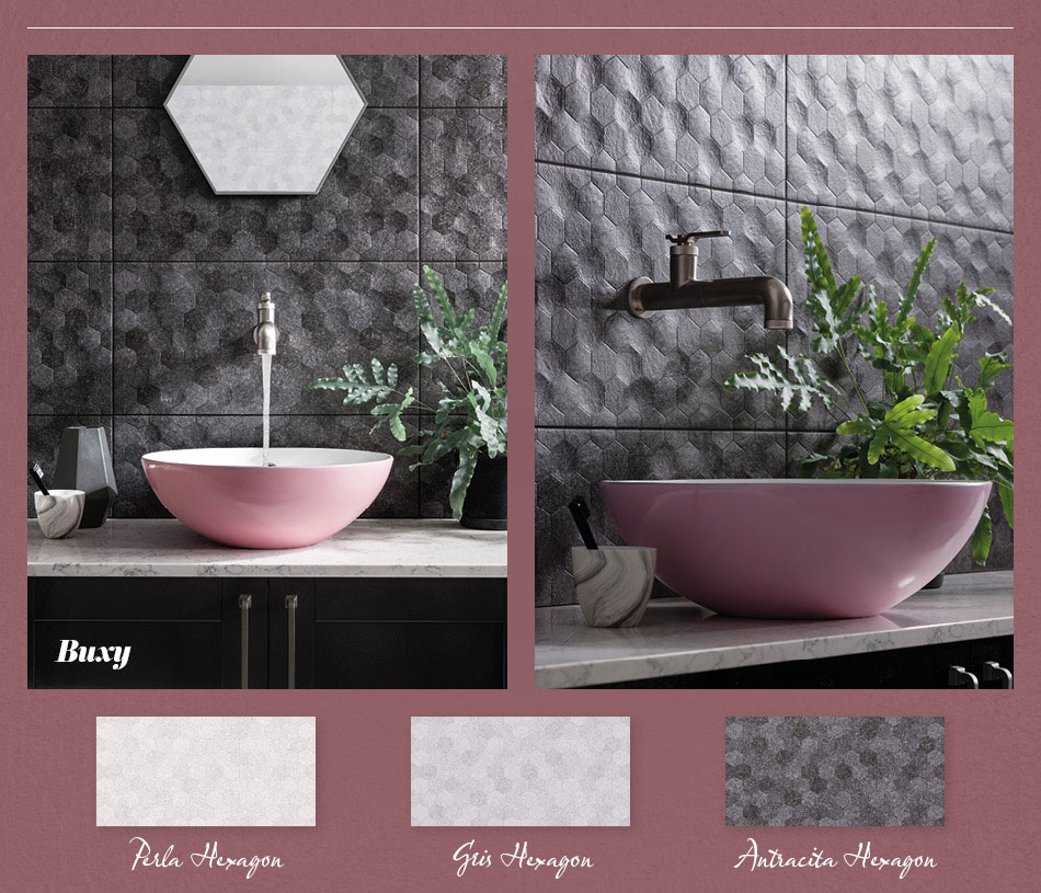 Collage picture of Buxy 3D patterned bathroom tiles
