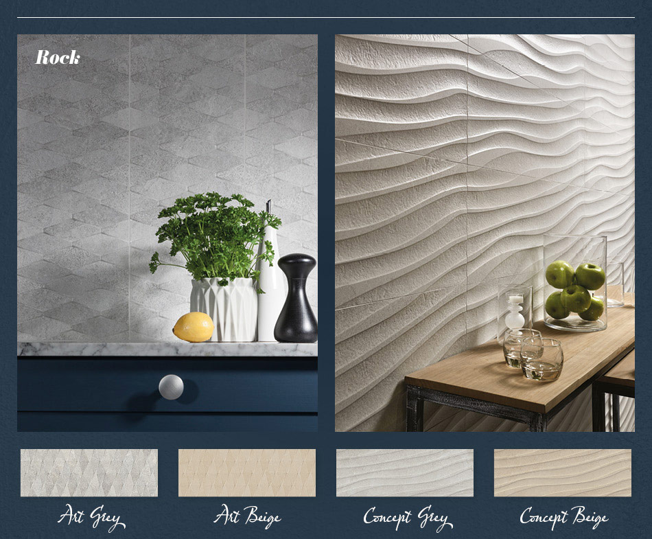 Collage picture of Rock 3D patterned kitchen tiles
