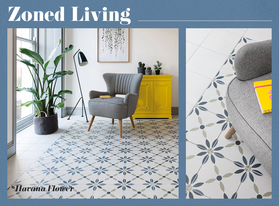 Collage picture of Havana patterned living area tiles