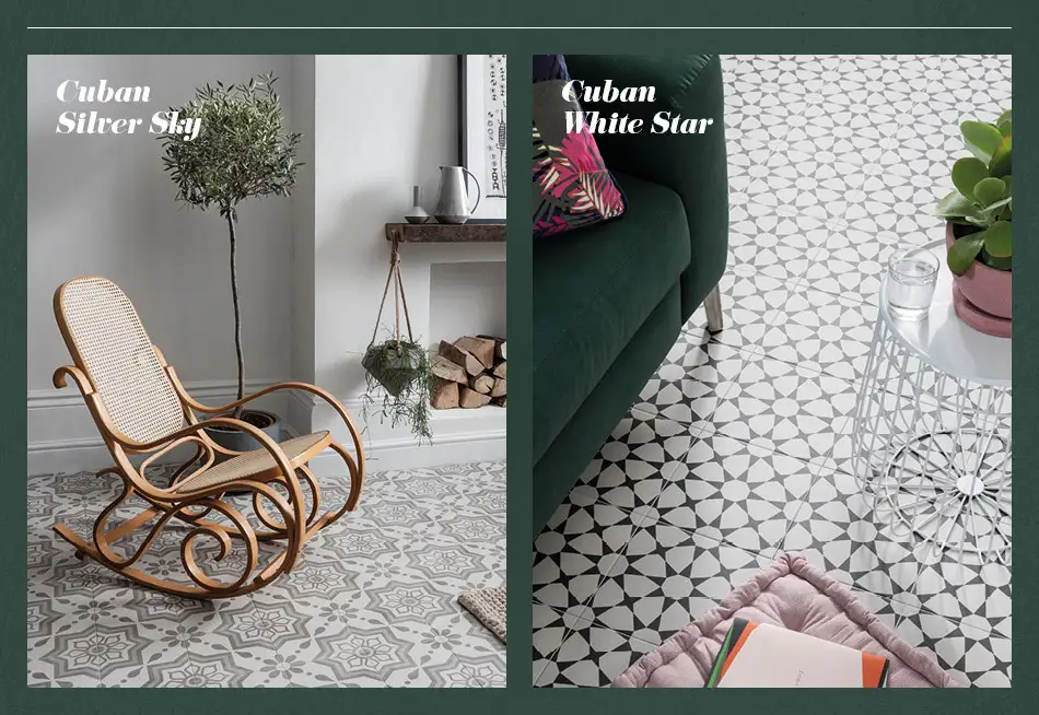 Collage picture of Cuban patterned living area tiles