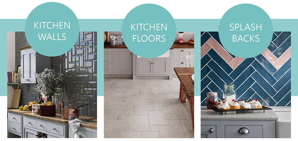 Metro Brick, Jura, and Poitiers Tiles used in kitchen settings. 
