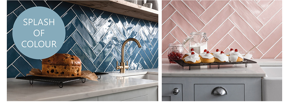 Blue and pink Poitiers tiles arranged in a herringbone pattern on kitchen walls.
