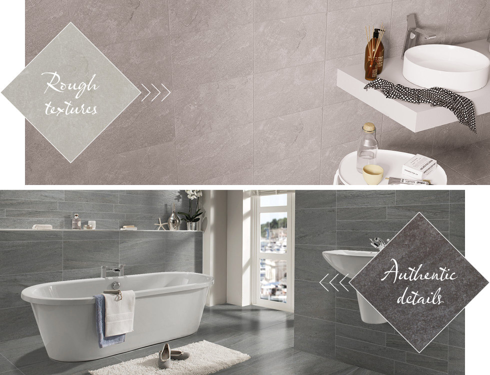 Quarz and Pietra Pienza slate effect and stone effect tiles in bathroom