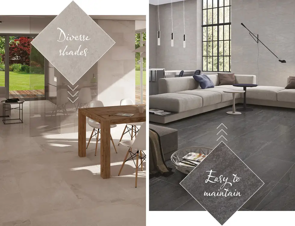 Rainforest and Pietra Pienza slate effect and stone effect tiles in living areas