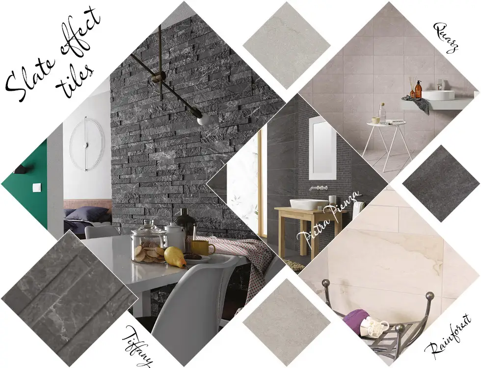 Collage of slate effect and stone effect tiles in kitchen, bathroom and living areas