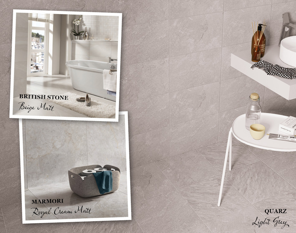 Collage of tile ideas for small bathrooms including British stone and marmori