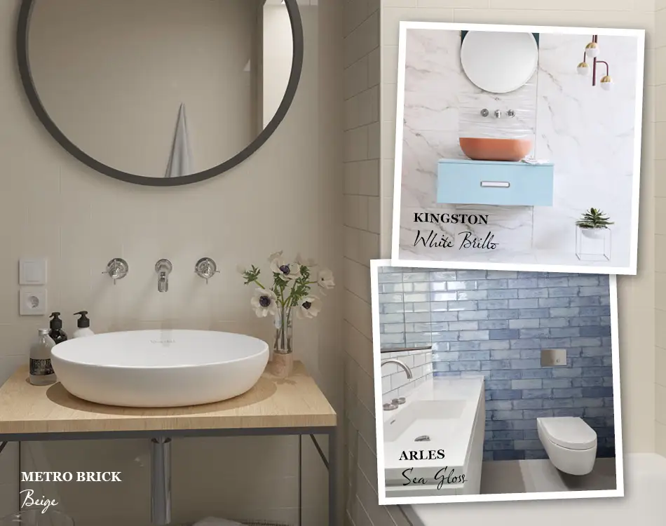 Collage of tile ideas for small bathrooms including Metro Brick, Kingston and Arles