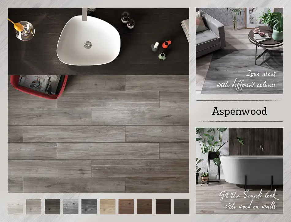 Collage picture of Aspenwood wood effect tiles