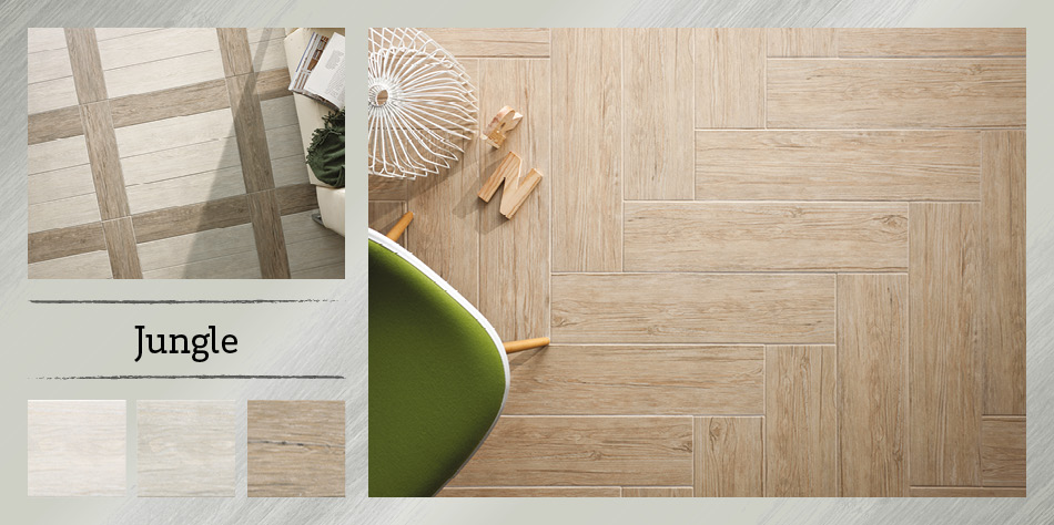 Collage picture of Jungle wood effect tiles