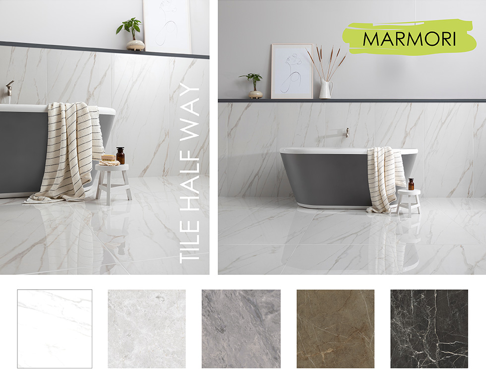 Collage of Marmori large format tiles in bathroom