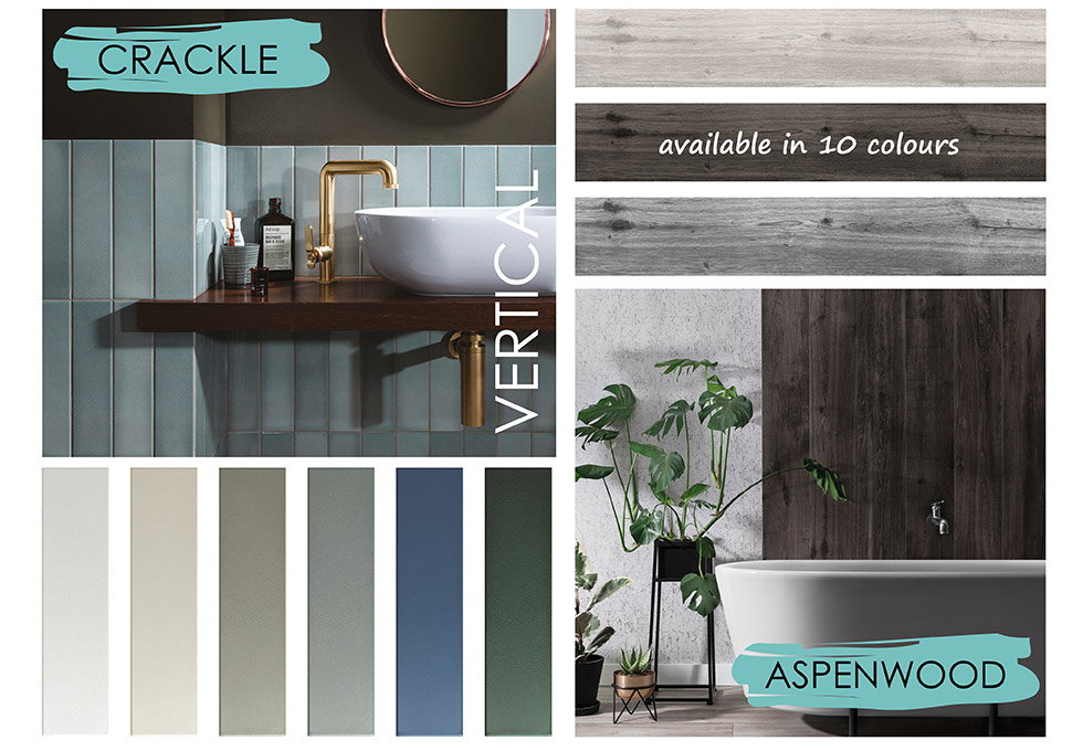Collage of crackle and Aspenwood tiles in bathroom settings