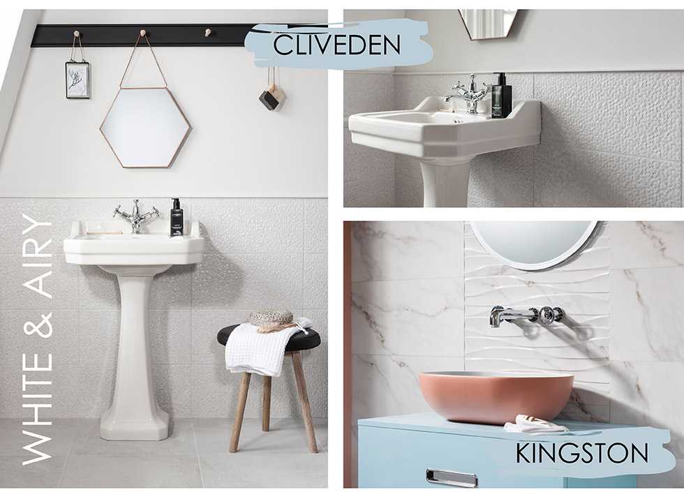 Collage of Cliveden and Kingston white bathroom tiles