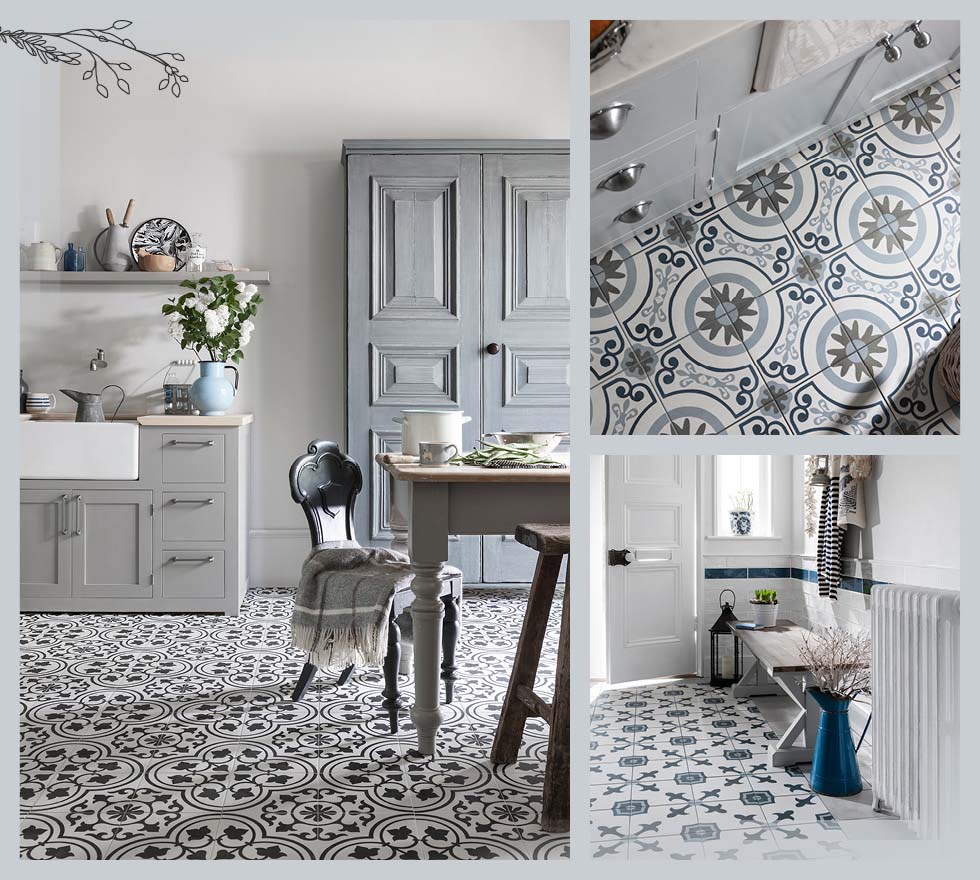vintage pieces and accessories with floor tiles