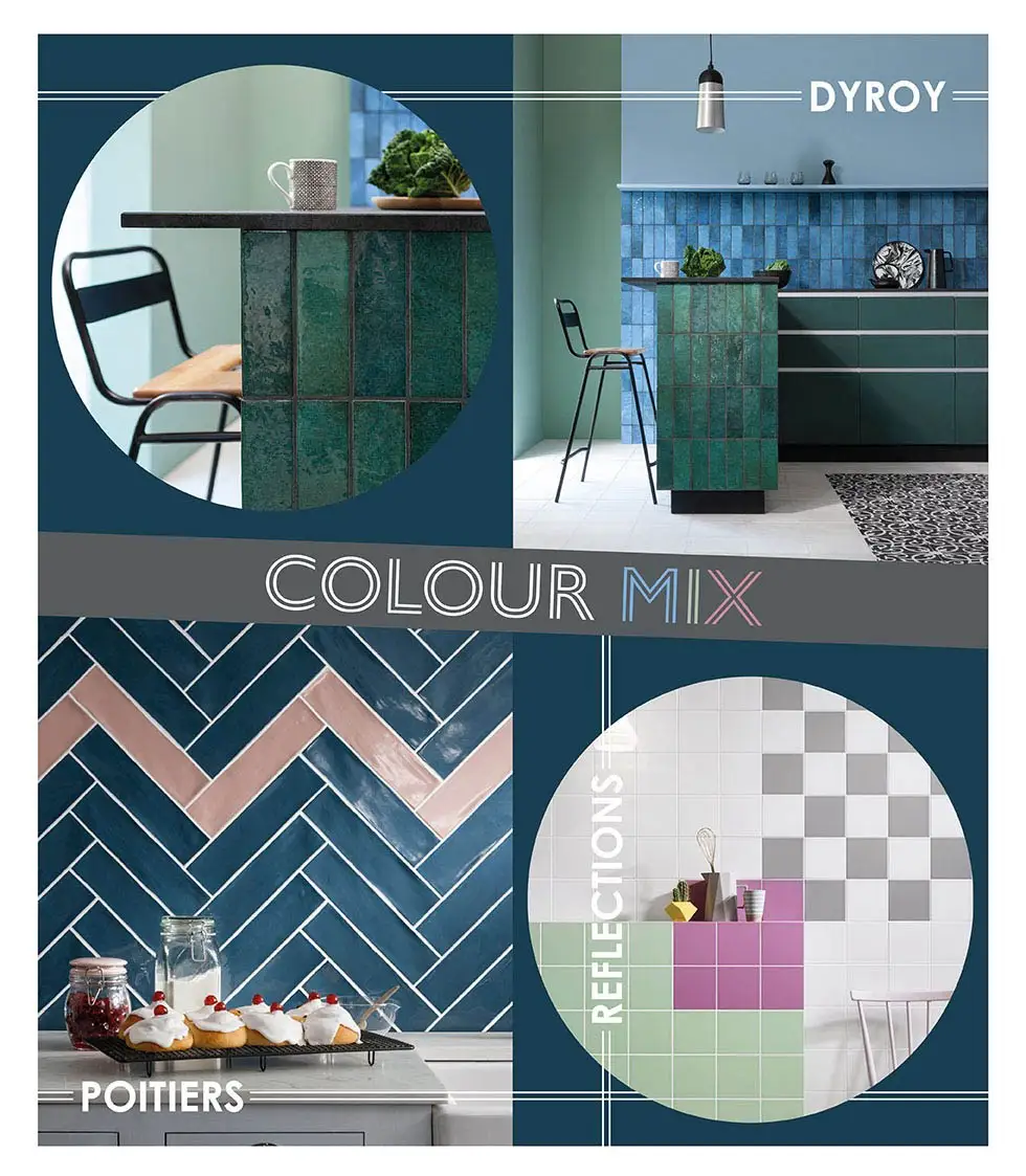 Collage of Dyroy, Poitiers and Reflections wall tiles in kitchen settings