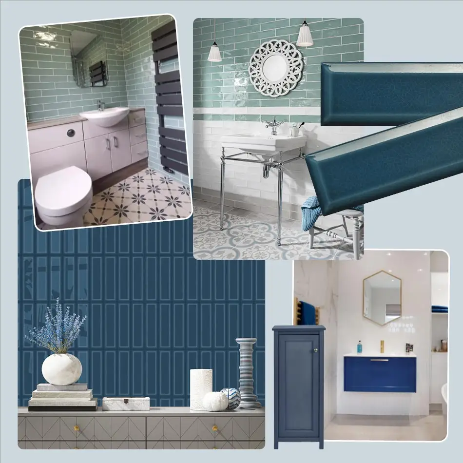 A collage of images featuring blue and white tiles