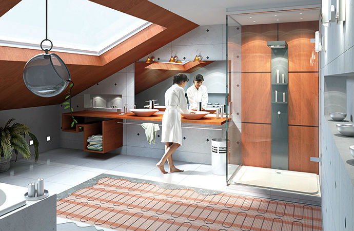 Underfloor heating shown with tiles in a bathroom setting