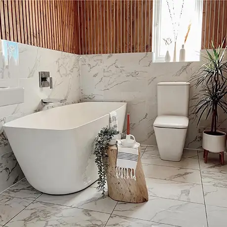 Stunning bathroom tiled in Lassen Carrara Gloss