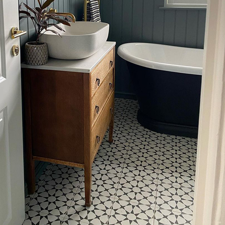 Modern-looking bathroom with patterned tiles
