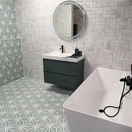 Stylish bathroom featuring Varadero Mint and Dyroy White