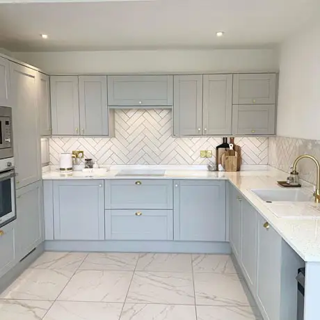 White Herringbone Tiles with Grey Grout