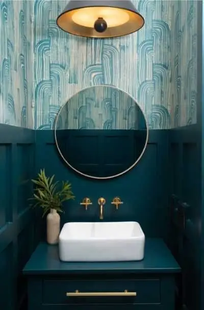 Bold bathroom wallpaper and tiles