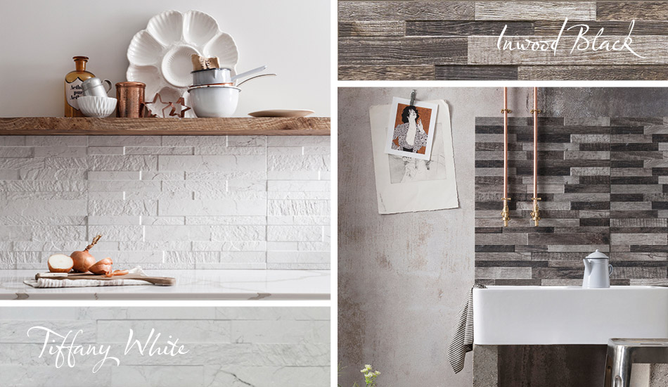 White and grey split face tiles by Gemini in kitchen settings.