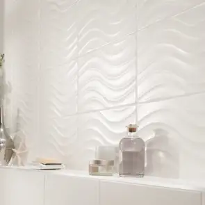 close up of the streamline wave white matt tile with decorative bottles