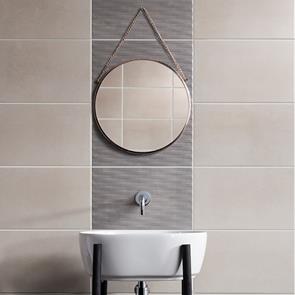 Cement Tech Mini grey décor tile with a contrasting cement tech white plain tile, with wall hung mirror and basin