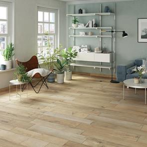 Living room floor tiled using Gemini Wood beige