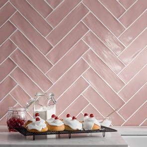 Poitiers Rose Pink Gloss Tile on kitchen wall