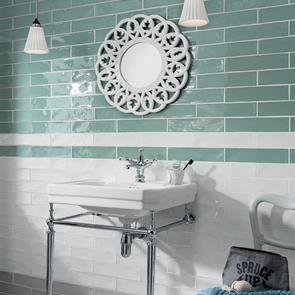 Poitiers mint green gloss tile in a traditional styled bathroom with chrome freestanding sink