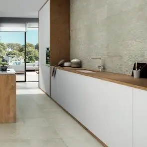 Kitchen feature wall using Polesden cream concept décor tiles
