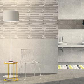 Dovedale light grey wall tile with matching feature and floor tile with modern furnishings