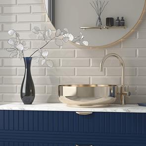 Devon Grey wall tile on a ultra modern bathroom wall with dark blue vanity and polished nickle accessories