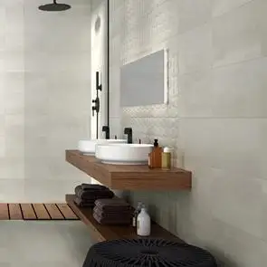 Barrington cream Art décor and plain cream tiles on bathroom wall featuring walk in shower