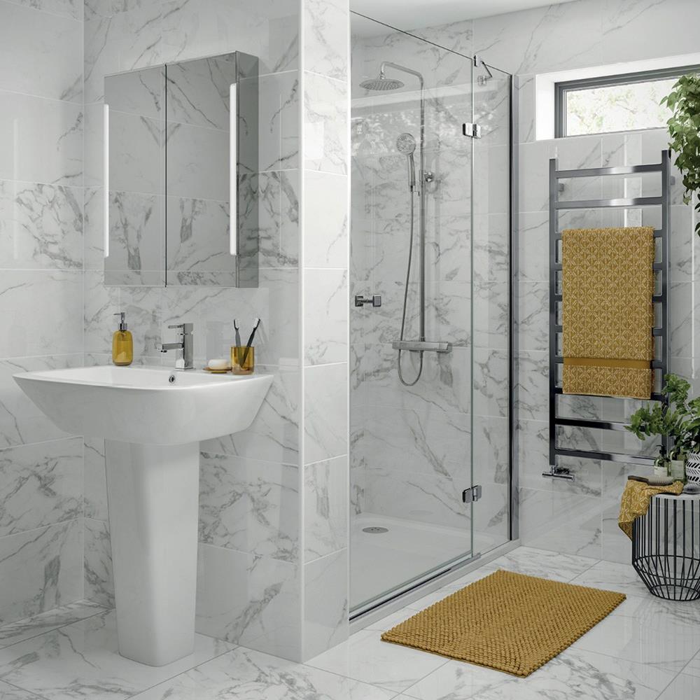 Lassen Carrara (white) gloss marble effect tile on modern bathroom wall and floor