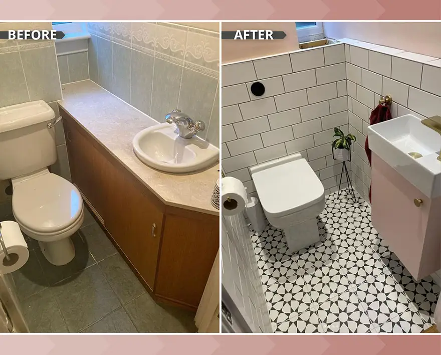 before and after bathroom floor and wall tiles